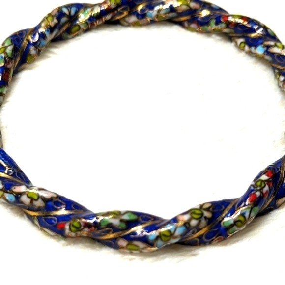 Vintage Rare Chinese Cloisonne Enamel Twisted Floral Bangle Bracelet - Picture 6 of 13